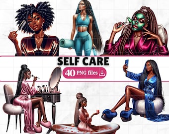 40 Clip Art per la cura di sé delle donne nere, Amore per se stessi, Routine mattutina, Tempo per la spa per ragazze afro, Agenda per donne emancipate, Adesivi digitali per ragazze