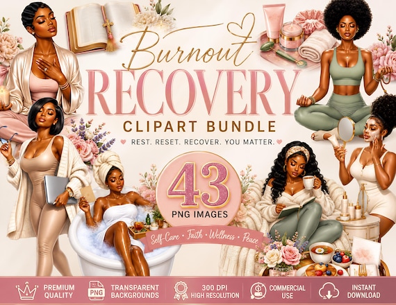 Black Woman Burnout Recovery Clipart Bundle Self Care PNG Bundle Healing Journey Clipart Wellness Planner Stickers