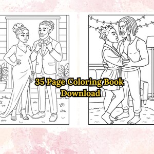 Puede incluir: Dibujo lineal en blanco y negro de dos parejas en diferentes entornos. Una pareja est&aacute; vestida formalmente, la otra de forma informal. El texto "35 Page Coloring Book Download" se muestra en amarillo.