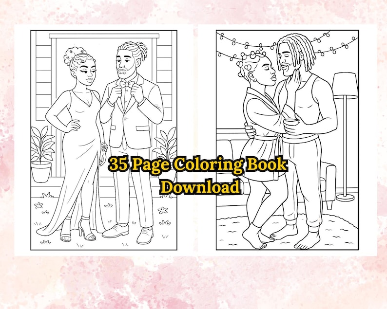 Puede incluir: Dibujo lineal en blanco y negro de dos parejas en diferentes entornos. Una pareja est&aacute; vestida formalmente, la otra de forma informal. El texto "35 Page Coloring Book Download" se muestra en amarillo.