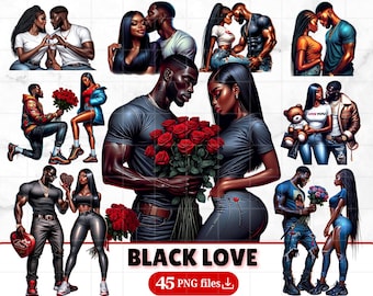 45 Czarnych par ClipArt Bundle Czarna para miłości Cele Romantyczni kochankowie Pary zakochane PNG Para Clipart Afro Kobiety Czarna dziewczyna Sublimacja