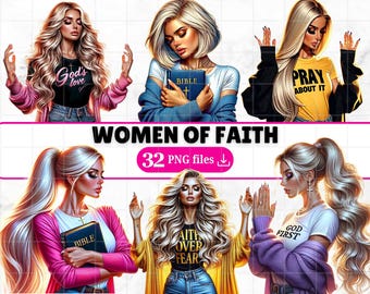 32 Women Of Faith Clipart Bundle Praying Girls PNG Blessed Girl Christian Clip Art Faith Quotes God Love Sublimation