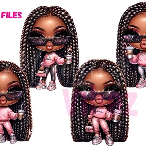 Ragazza chibi nera Clipart Cutie Ragazza chibi carina Baddie Png Indossando rosa urbano hip hop Clipart tazza di caffè afroamericano Download immediato