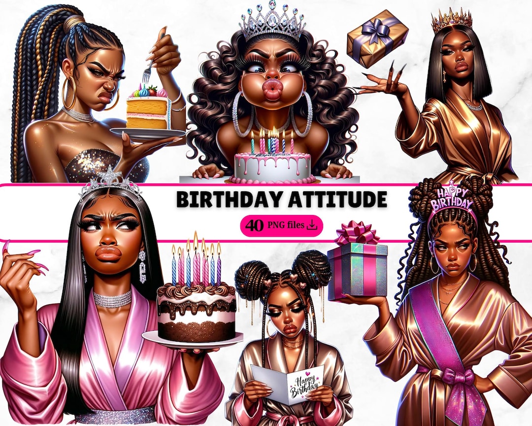 40枚の黒人女性向け誕生日クリップアートセット。アティチュードPNGケーキクラウン、面白い生意気なアフロ女性、ムーディーなお祝いギフト、昇華転写アート。  - Etsy 日本, image size:1080x864