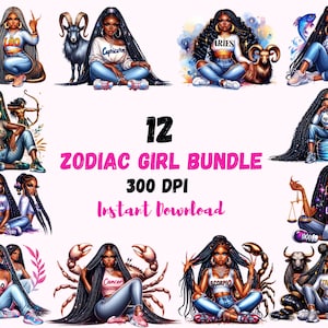 Black girl zodiac clipart Bundle Horoscope Signs PNG Watercolor Astrology Mystical Zodiac clipart Afro Girl Zodiac Sublimation Black women