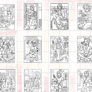 May include: A collection of black and white illustrations featuring various women in different settings. Each illustration depicts a woman engaged in activities like using a computer, taking a photo, or talking on the phone. The style is reminiscent of a coloring book.