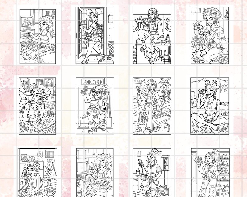 May include: A collection of black and white illustrations featuring various women in different settings. Each illustration depicts a woman engaged in activities like using a computer, taking a photo, or talking on the phone. The style is reminiscent of a coloring book.