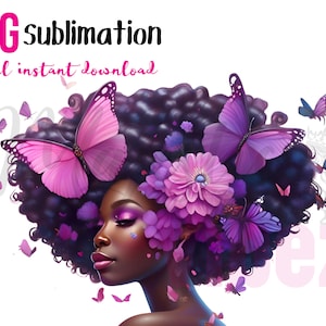 Schwarze Königin PNG Blumenhaar Clip Art Melanin Königin Lila Schmetterlinge Afroamerikaner Afro Magie Sublimation Digitaler Download Becher