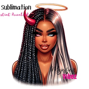 Mitad ángel mitad diablo chica png Chica negra clipart Halo y Cuernos Alter ego Mujeres Afroamericanas Sublimación