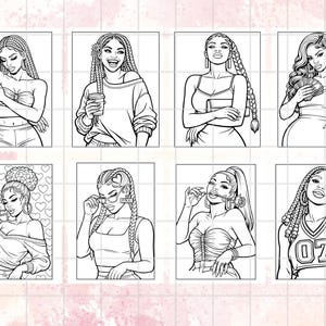 Peut inclure: Une collection de huit illustrations en noir et blanc de femmes avec diff&eacute;rentes coiffures et tenues. Les images sont dans un style de livre de coloriage, chacune des femmes &eacute;tant dans une pose et une tenue diff&eacute;rentes, adapt&eacute;es au coloriage.