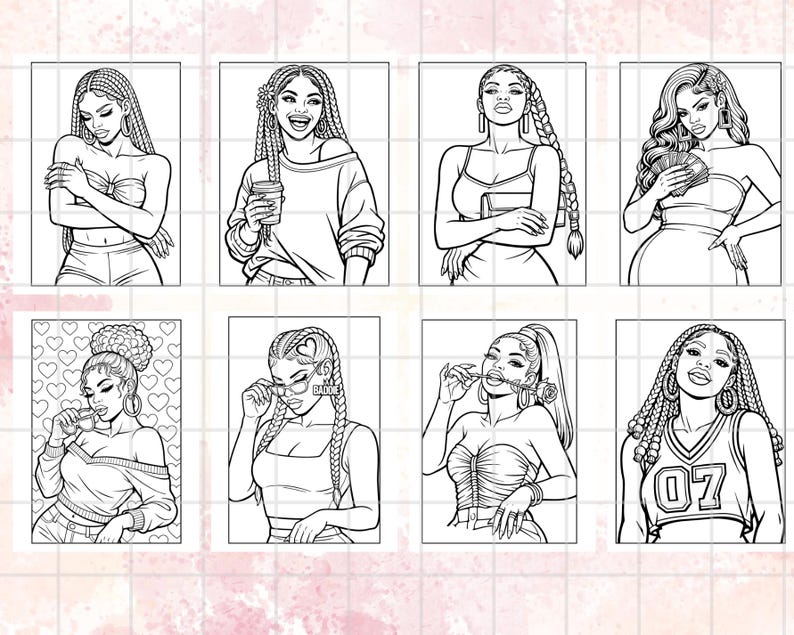 Peut inclure: Une collection de huit illustrations en noir et blanc de femmes avec diff&eacute;rentes coiffures et tenues. Les images sont dans un style de livre de coloriage, chacune des femmes &eacute;tant dans une pose et une tenue diff&eacute;rentes, adapt&eacute;es au coloriage.