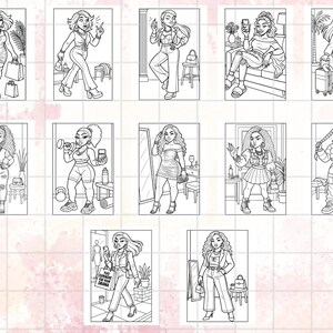 K&ouml;nnte beinhalten: Eine Sammlung von Schwarz-Wei&szlig;-Illustrationen von Frauen in verschiedenen Posen, die Einkaufstaschen, Telefone oder Gewichte halten. Einige Illustrationen enthalten Text wie "NEW ME WHO DIS?" und "NO EXPENSES FOR YOUR DRAMA". Die Bilder zeigen verschiedene Modestile.