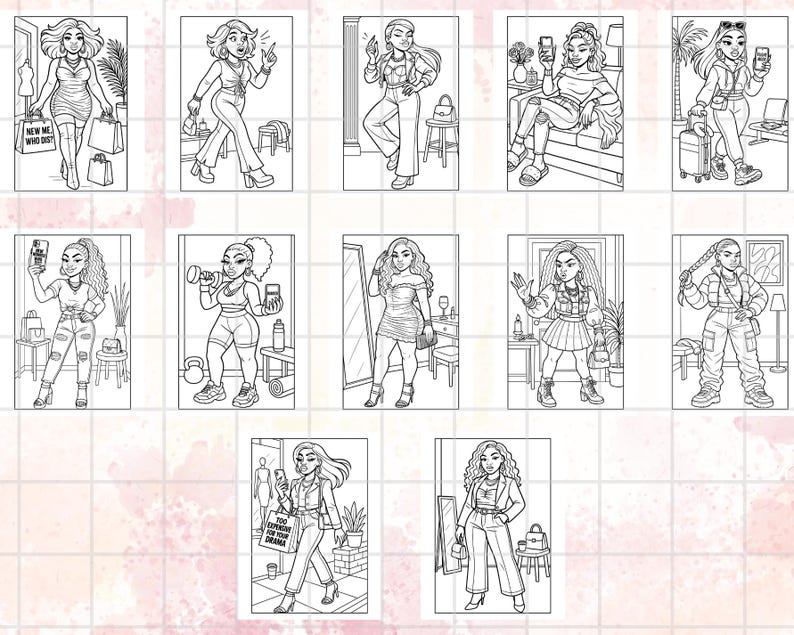 K&ouml;nnte beinhalten: Eine Sammlung von Schwarz-Wei&szlig;-Illustrationen von Frauen in verschiedenen Posen, die Einkaufstaschen, Telefone oder Gewichte halten. Einige Illustrationen enthalten Text wie "NEW ME WHO DIS?" und "NO EXPENSES FOR YOUR DRAMA". Die Bilder zeigen verschiedene Modestile.