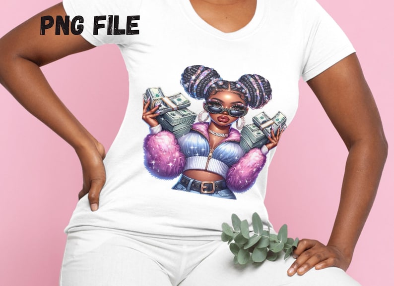 May include: A white t-shirt with a graphic print of a cartoon woman with pink hair and sunglasses holding stacks of money. The woman is wearing a blue and white jacket and a pink fur coat.