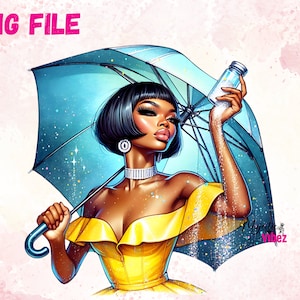 May include: A woman with dark hair and a yellow dress holds a blue umbrella and sprinkles glitter from a glass bottle. The background is a pink watercolour wash.