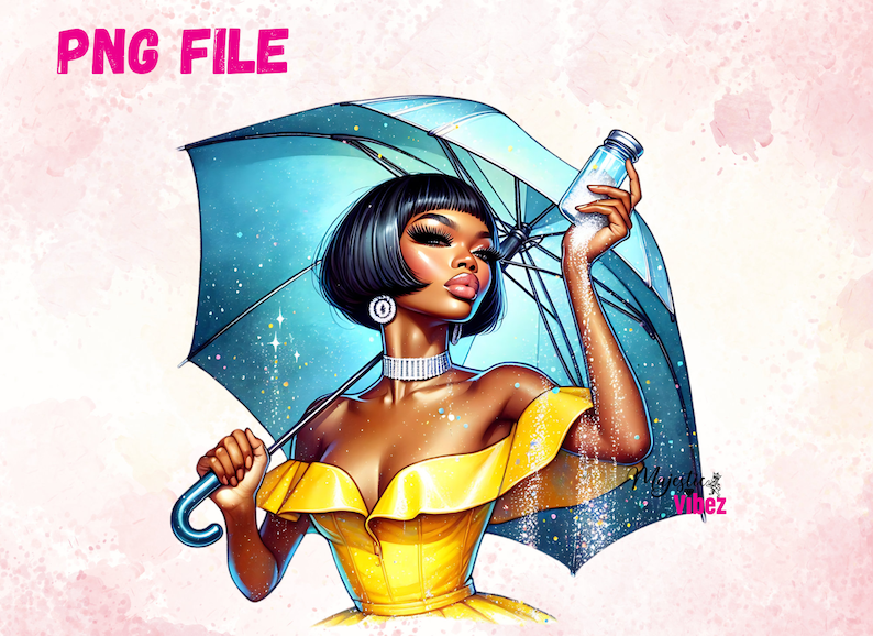 May include: A woman with dark hair and a yellow dress holds a blue umbrella and sprinkles glitter from a glass bottle. The background is a pink watercolour wash.