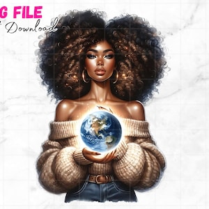 Linda mulher negra segurando o mundo png garota negra afro clipart rainha da melanina elegante garota da moda negra sublimação download digital