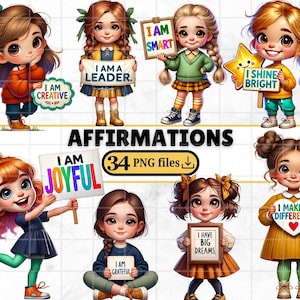 May include: A digital art collection of cartoon girls holding signs with positive affirmations. The girls are dressed in various outfits and hairstyles. The signs display phrases like "I am creative," "I am smart," and "I shine bright."