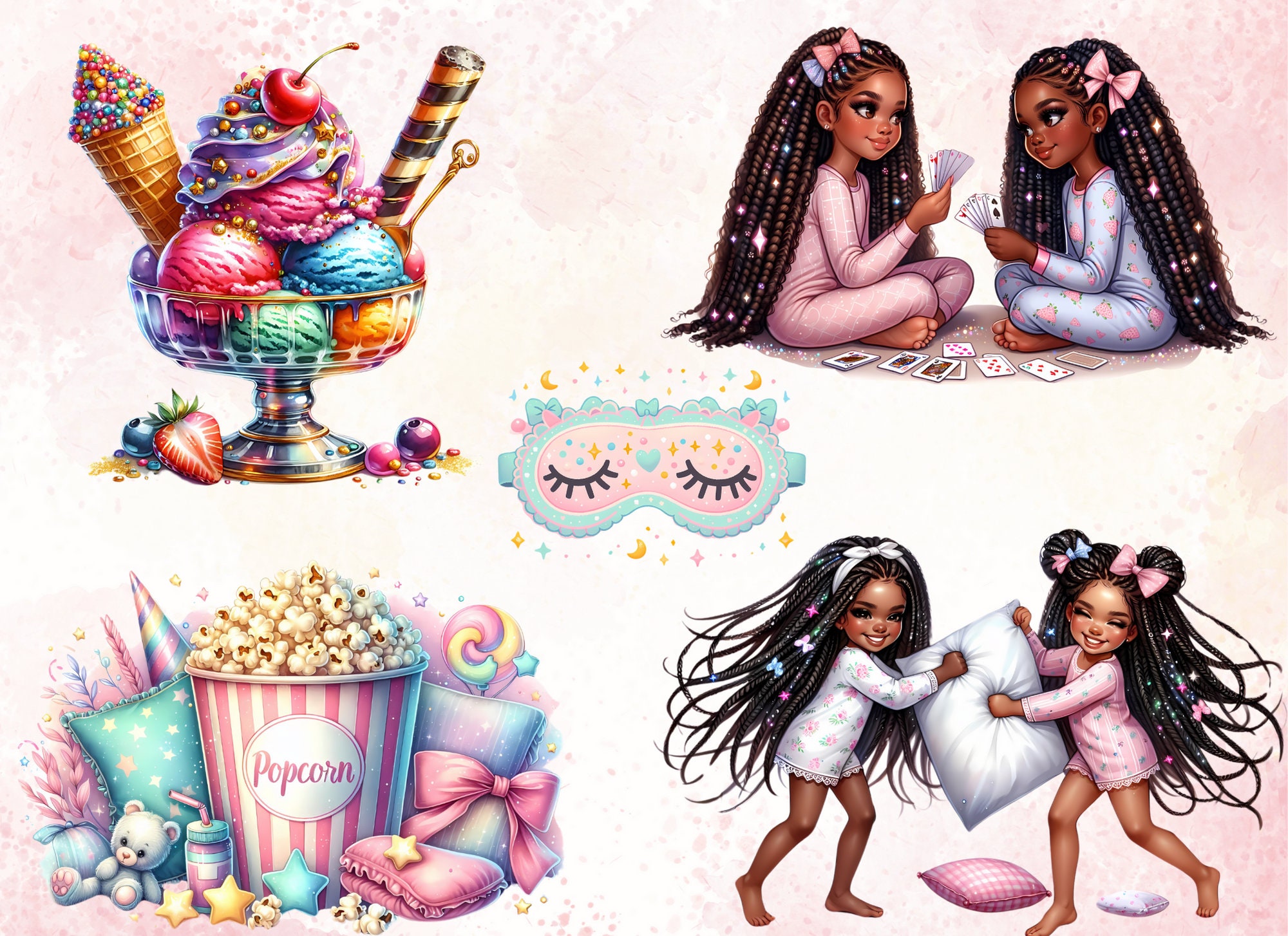 Pajama Party Clipart Bundle Sleepover Clipart Little Black Girl Slumber ...