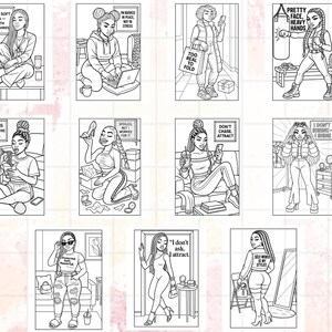 May include: A collection of black and white illustrations of women in various poses. Each illustration features a woman in a different setting, with text bubbles containing phrases like "In my soft era with boundaries" and "Pretty face, heavy hands."