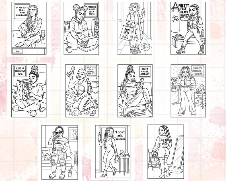 May include: A collection of black and white illustrations of women in various poses. Each illustration features a woman in a different setting, with text bubbles containing phrases like "In my soft era with boundaries" and "Pretty face, heavy hands."