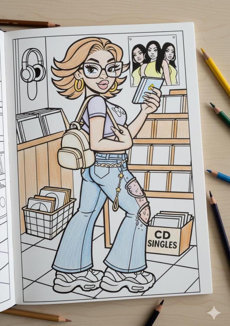 40 Y2K Coloring Pages PNG Bundle Black Girl 2000s Fashion Line Art Digital Download for Teens and Adults Aesthetic Nostalgia Book 90's Baby image 7