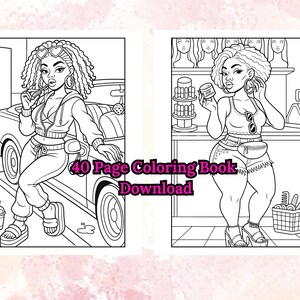 May include: Black and white line art of a 40-page coloring book download. The illustrations depict stylish women in various settings, including one leaning on a car and another in a shop. The coloring book features detailed drawings.