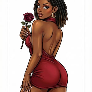Peut inclure: Illustration num&eacute;rique d'une femme en robe rouge tenant une rose rouge. La femme a la peau fonc&eacute;e, les cheveux fonc&eacute;s et des cr&eacute;oles dor&eacute;es. La robe est dos nu.