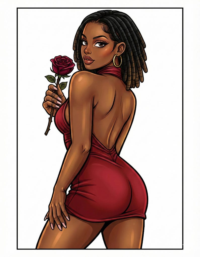 Peut inclure: Illustration num&eacute;rique d'une femme en robe rouge tenant une rose rouge. La femme a la peau fonc&eacute;e, les cheveux fonc&eacute;s et des cr&eacute;oles dor&eacute;es. La robe est dos nu.