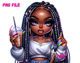 Puede incluir: Una ilustración digital de una mujer negra con largas trenzas azules, vistiendo un top blanco corto, jeans azules y sosteniendo un café helado. Tiene ojos grandes con sombra de ojos morada y pestañas largas. Sus uñas están pintadas de colores brillantes.