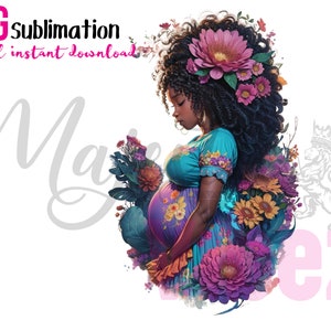 Fille noire enceinte entourée de fleurs clipart png Art fille noire Téléchargement numérique reine de tshirt pour les planificateurs autocollants gobelets t-shirts