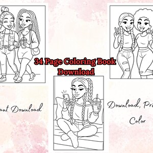 May include: Black and white line art illustrations of young women, each holding a beverage. The text "34 Page Coloring Book Download" is displayed. Additional text reads "Instant Download" and "Download, Print & Color".