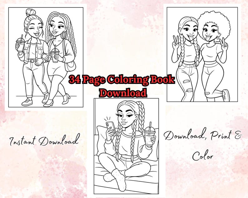 May include: Black and white line art illustrations of young women, each holding a beverage. The text "34 Page Coloring Book Download" is displayed. Additional text reads "Instant Download" and "Download, Print & Color".