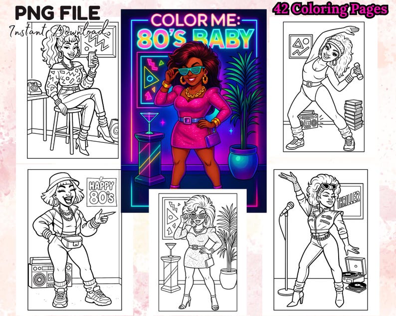 Puede incluir: Una descarga digital con 42 p&aacute;ginas para colorear que presentan ilustraciones tem&aacute;ticas de los a&ntilde;os 80. Las im&aacute;genes incluyen mujeres con moda de los 80, con texto que dice "Color Me: 80's Baby", "Happy 80's" y "Thriller".