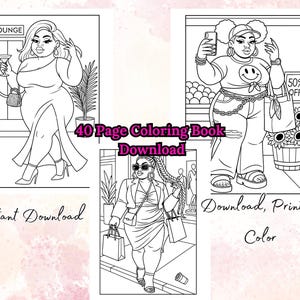 Puede incluir: Un libro para colorear de 40 p&aacute;ginas con tres ilustraciones de mujeres elegantes. Se incluye el texto "LOUNGE", "Instant Download", "Download, Print & Color" y "50% OFF". Las ilustraciones son dibujos lineales en blanco y negro.