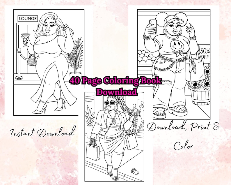 Puede incluir: Un libro para colorear de 40 p&aacute;ginas con tres ilustraciones de mujeres elegantes. Se incluye el texto "LOUNGE", "Instant Download", "Download, Print & Color" y "50% OFF". Las ilustraciones son dibujos lineales en blanco y negro.
