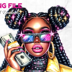 Ragazza nera con soldi PNG hustler clipart Occhiali da sole Soldi clipart Donne afroamericane Ragazza nera Magia Melanina Ragazza urbana PNG