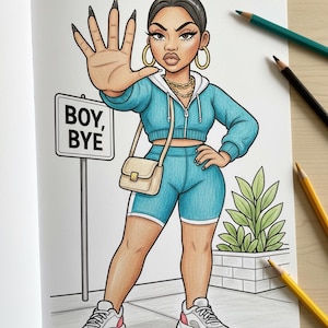 K&ouml;nnte beinhalten: Illustration einer Frau in einem t&uuml;rkisfarbenen Trainingsanzug, Turnschuhen und einer Handtasche. Das Schild lautet "BOY, BYE". Die Frau h&auml;lt ihre Hand hoch. Goldene Creolen und eine goldene Kette sind sichtbar.