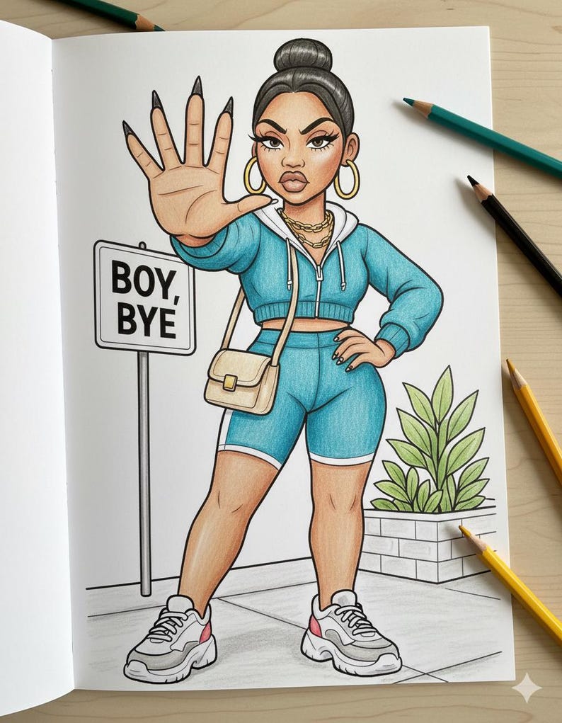 K&ouml;nnte beinhalten: Illustration einer Frau in einem t&uuml;rkisfarbenen Trainingsanzug, Turnschuhen und einer Handtasche. Das Schild lautet "BOY, BYE". Die Frau h&auml;lt ihre Hand hoch. Goldene Creolen und eine goldene Kette sind sichtbar.