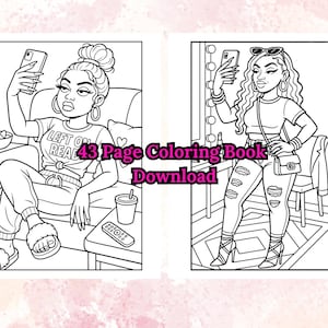 K&ouml;nnte beinhalten: Schwarz-Wei&szlig;-Strichzeichnung eines 43-seitigen Malbuch-Downloads. Die Illustrationen zeigen zwei Frauen, die Selfies machen. Eine sitzt und tr&auml;gt ein T-Shirt mit der Aufschrift "Left on Read". Die andere steht und tr&auml;gt eine Sonnenbrille und zerrissene Jeans.