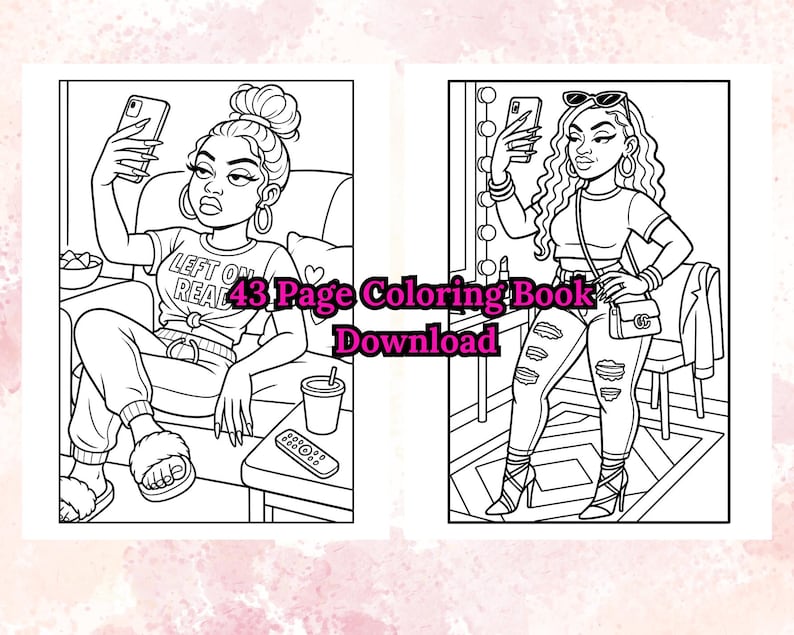 K&ouml;nnte beinhalten: Schwarz-Wei&szlig;-Strichzeichnung eines 43-seitigen Malbuch-Downloads. Die Illustrationen zeigen zwei Frauen, die Selfies machen. Eine sitzt und tr&auml;gt ein T-Shirt mit der Aufschrift "Left on Read". Die andere steht und tr&auml;gt eine Sonnenbrille und zerrissene Jeans.