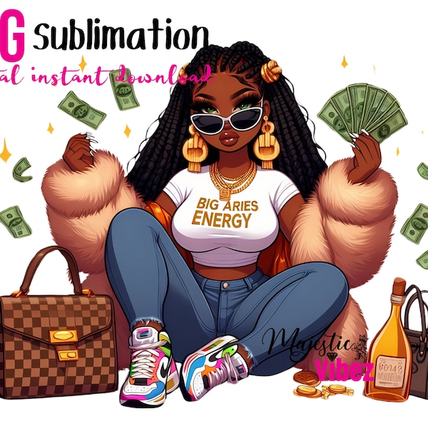 Aries Girl Clip art Girl with purse full of money PNG Big Aries Energy Colorful  Urban PNG Fashion girl african american girl Melanin Magic