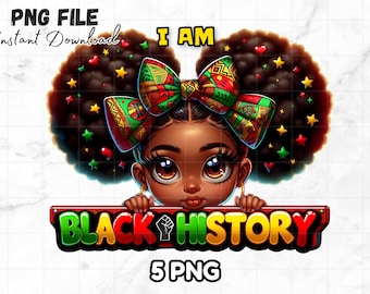 Könnte beinhalten: Digitale Illustration eines schwarzen Mädchens mit großen Augen, das eine Schleife mit afrikanischen Mustern trägt. Das Bild enthält den Text "I AM" und "BLACK HISTORY" mit einem Symbol der erhobenen Faust. Der Hintergrund ist mit Sternen und Herzen verziert.