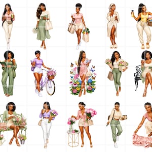 K&ouml;nnte beinhalten: Digitale Illustrationen von schwarzen Frauen in verschiedenen Posen und Outfits. Die Frauen werden in verschiedenen Umgebungen dargestellt, z. B. beim Halten von Blumen, Lesen von B&uuml;chern und Fahrradfahren. Die Illustrationen weisen eine Vielzahl von Farben und Stilen auf.