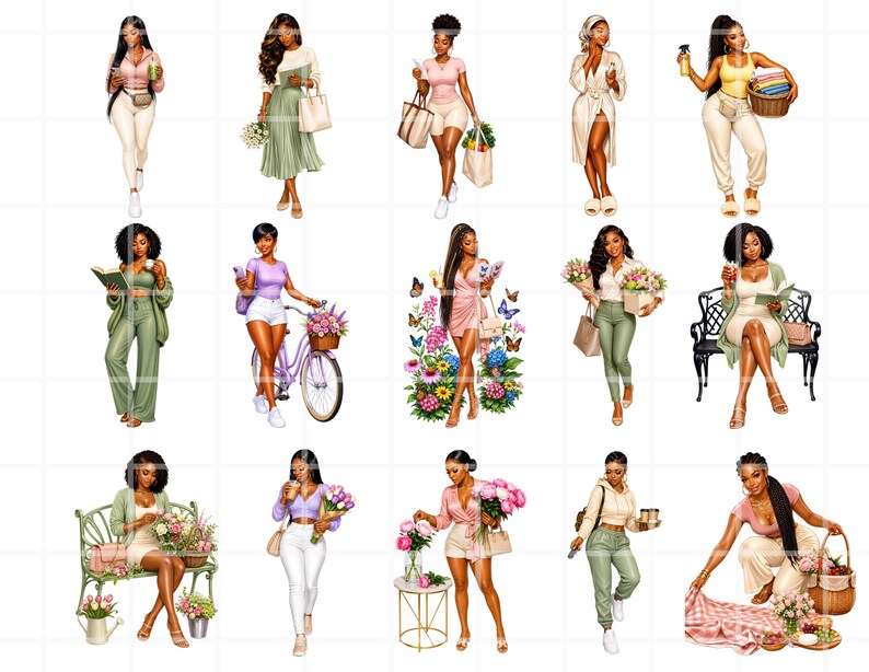 K&ouml;nnte beinhalten: Digitale Illustrationen von schwarzen Frauen in verschiedenen Posen und Outfits. Die Frauen werden in verschiedenen Umgebungen dargestellt, z. B. beim Halten von Blumen, Lesen von B&uuml;chern und Fahrradfahren. Die Illustrationen weisen eine Vielzahl von Farben und Stilen auf.