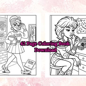 Puede incluir: P&aacute;ginas de un libro para colorear en blanco y negro con dos ilustraciones de mujeres. Una ilustraci&oacute;n muestra a una mujer con una falda plisada y un su&eacute;ter, sosteniendo libros. La otra muestra a una mujer aplic&aacute;ndose l&aacute;piz labial. El texto en la imagen dice "42 Page Coloring Book Download."