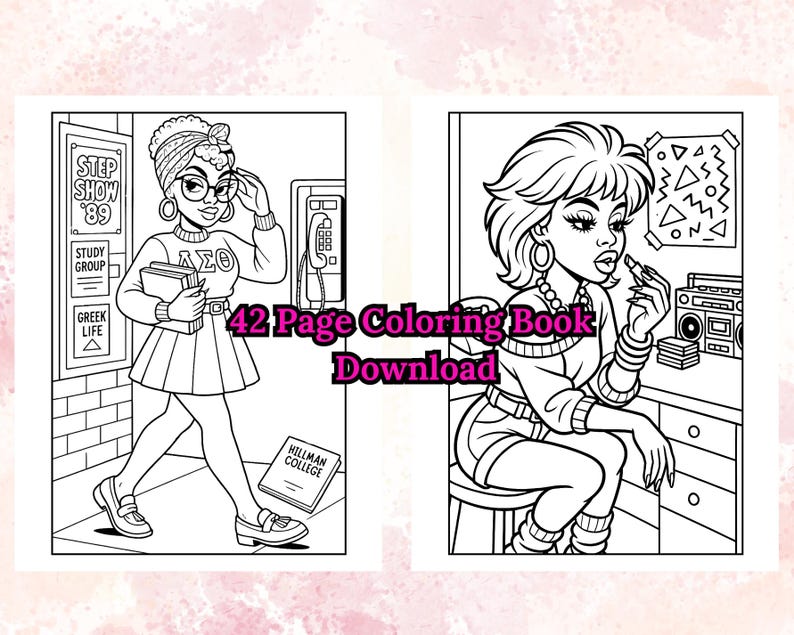 Puede incluir: P&aacute;ginas de un libro para colorear en blanco y negro con dos ilustraciones de mujeres. Una ilustraci&oacute;n muestra a una mujer con una falda plisada y un su&eacute;ter, sosteniendo libros. La otra muestra a una mujer aplic&aacute;ndose l&aacute;piz labial. El texto en la imagen dice "42 Page Coloring Book Download."