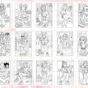 May include: A collection of fifteen black and white illustrations of young women in various poses, each holding a phone or other accessories. The illustrations are in a vertical format, with a variety of hairstyles and clothing styles.