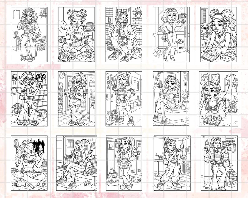 May include: A collection of fifteen black and white illustrations of young women in various poses, each holding a phone or other accessories. The illustrations are in a vertical format, with a variety of hairstyles and clothing styles.