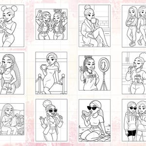 May include: A collection of black and white illustrations featuring stylish women in various settings. The images depict women with pets, enjoying coffee, posing with friends, and using a ring light. The illustrations are suitable for coloring.